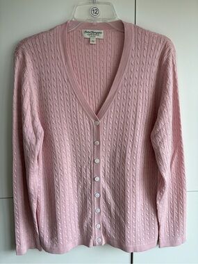 Norm Thompson Light Pink Cable Knit V-Neck Silk/Cotton Blend Cardigan Size Large